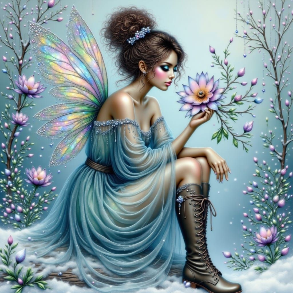 <lora:Hennie Fairy  women:1.0> In a serene winter wonderland, snowflakes gently pirouette across a misty, cerulean sky, casting a mystical, ...
