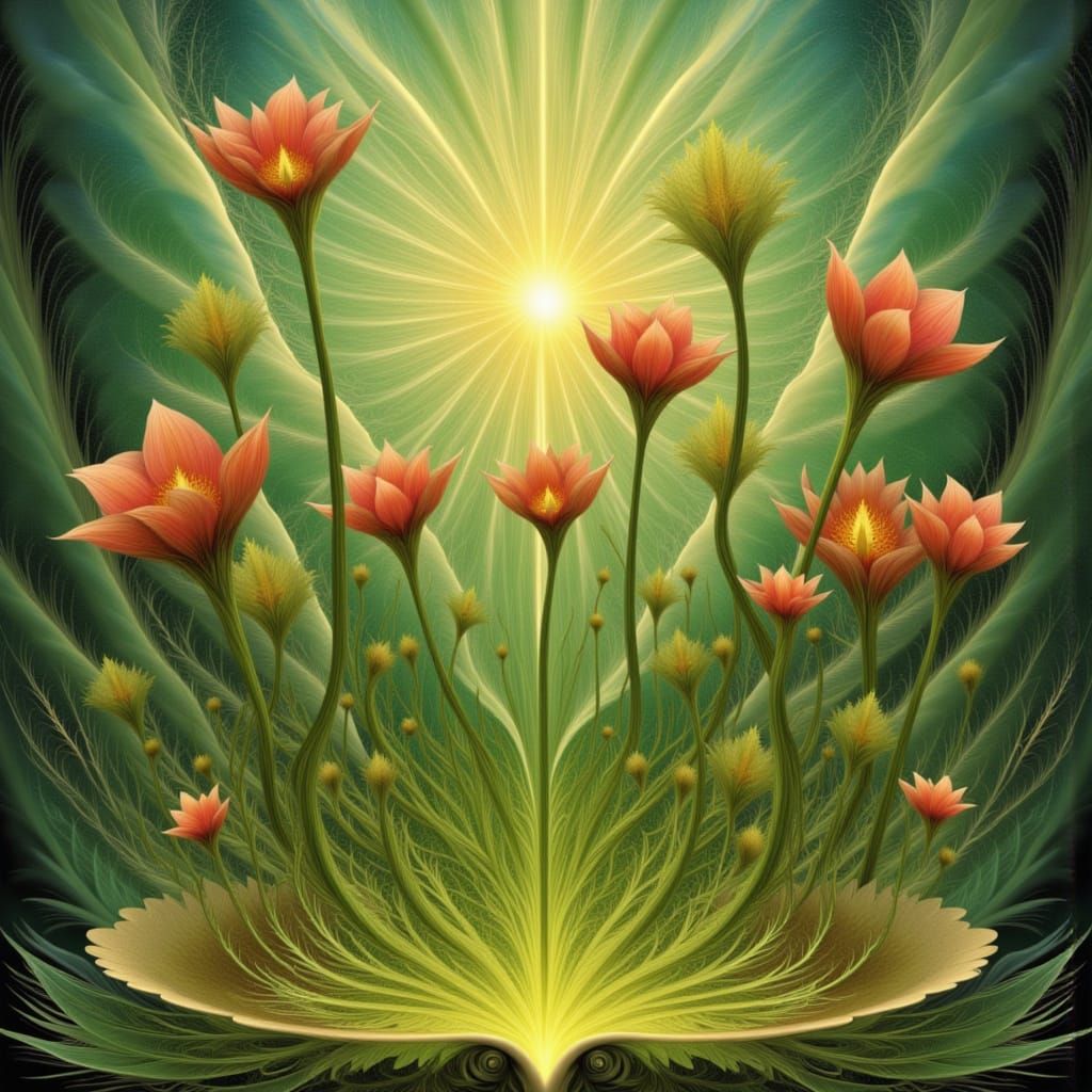 <lora:Bliss Fire:1.0> PLAYFUL PIXIES GREENS TACCA Cladonia coccifera SPOROPHYTES EXQUISITELY BEAUTIFUL VOGUE MODELS DIVERSE FLOWER PEOPLE HI...