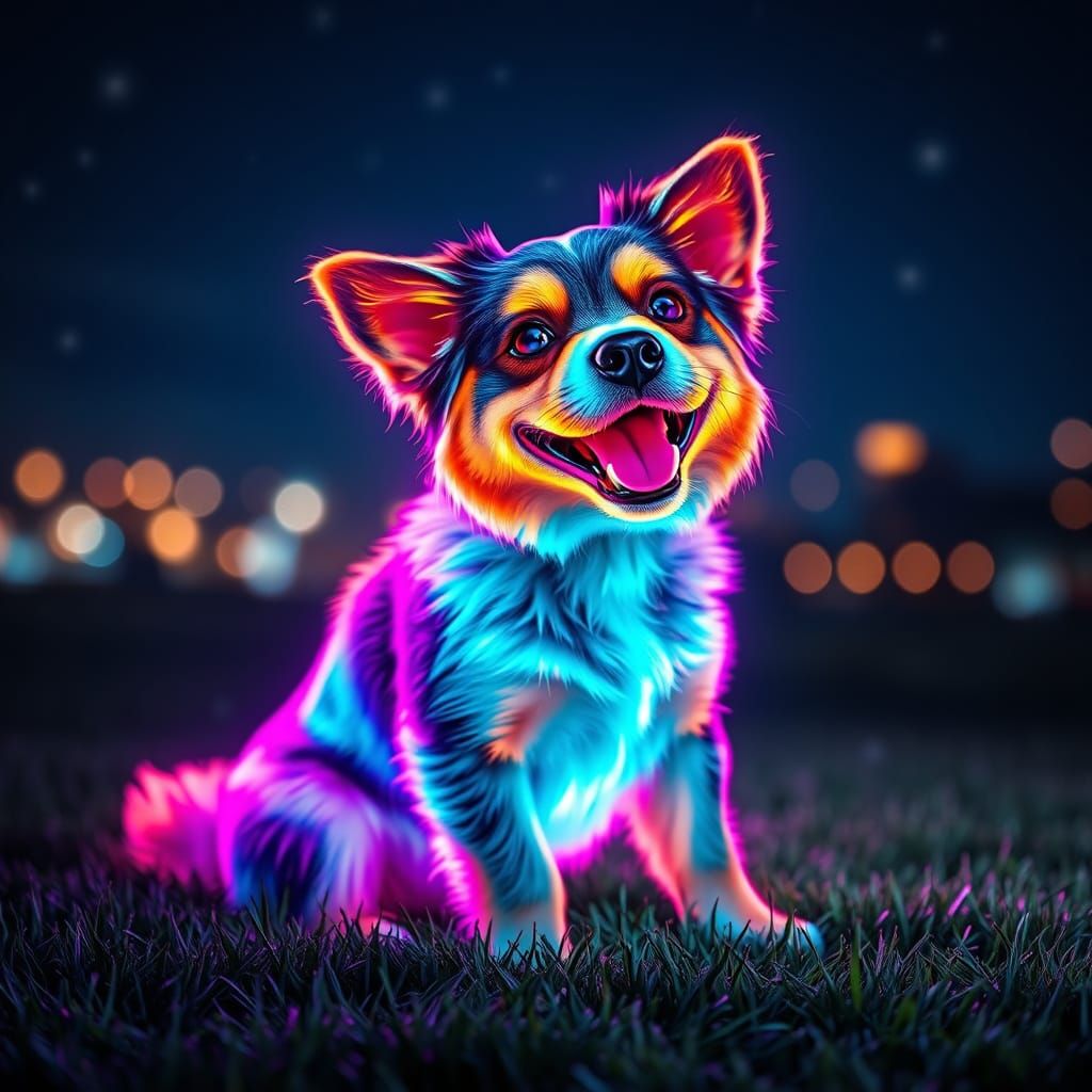 "Create a vibrant and colorful digital art piece of a (Dog) sitting on a grassy surface at night. The dog should be illuminated with bright,...