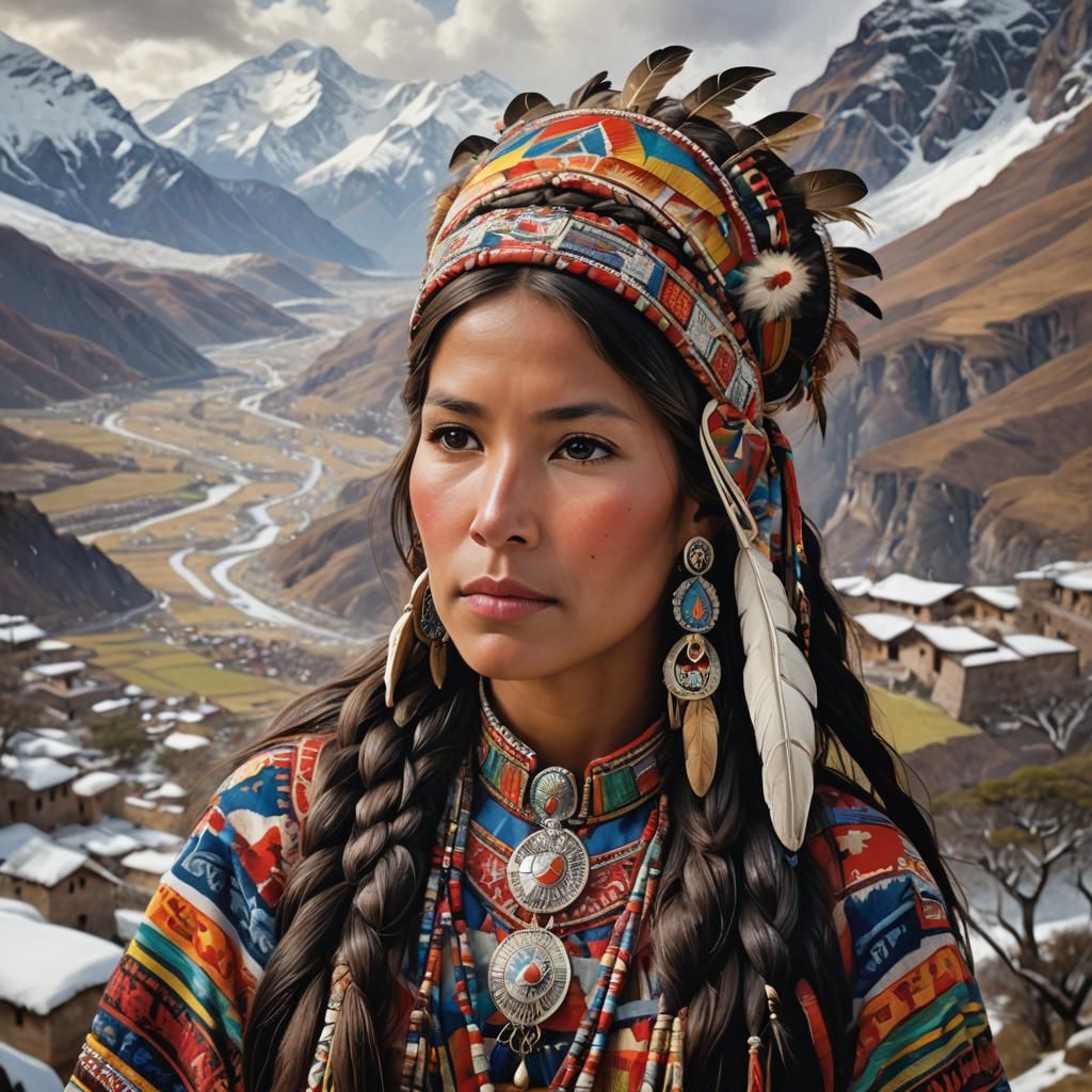 A captivating portrait of an Inca Peruvian woman wearing tra...