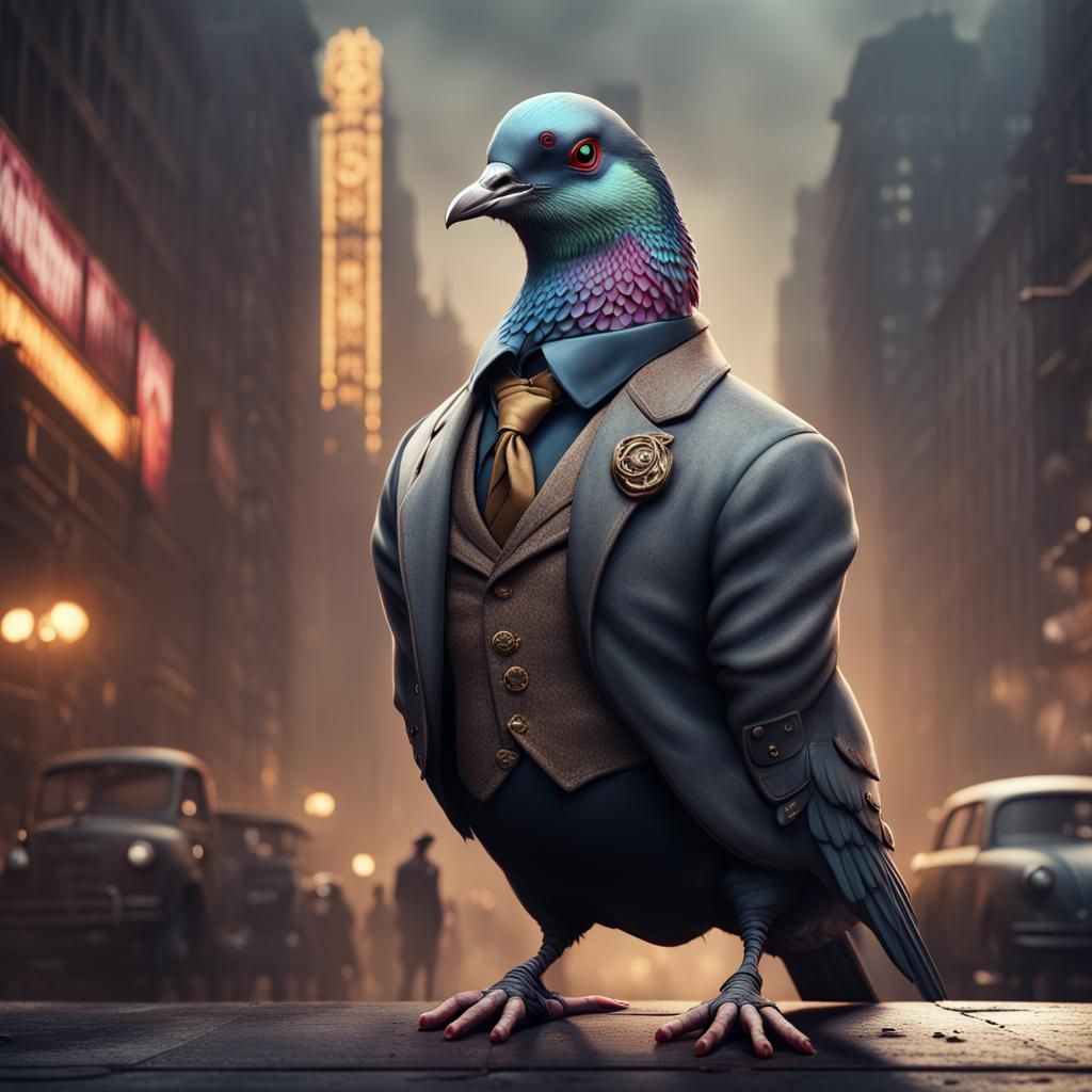 A humanoid gangster pigeon