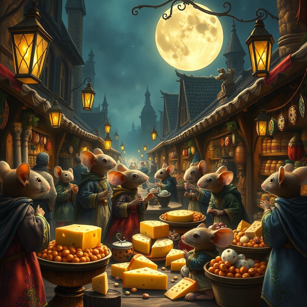 A tiny fantastical, medieval market, bustling with customers who are cute mice in medieval clothing. ...  by @undefined