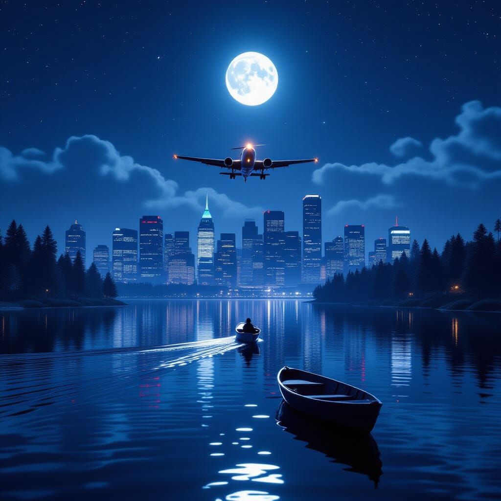 Night Flight Over River to City Under Full Moon