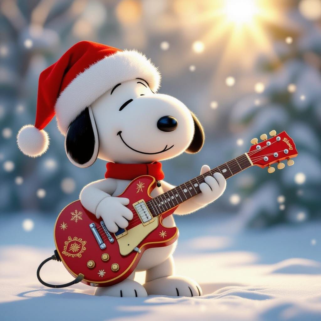 A cartoon-styled Snoopy is centered in the image, joyfully playing a red electric guitar. Snoopy, depicted ...  by @Lorena Ener