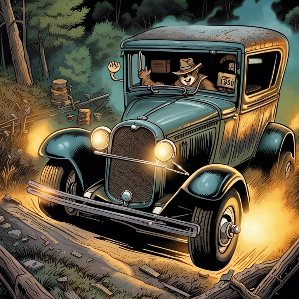 Smokey the Bear driving 1930s Ford model A being used as a m...
