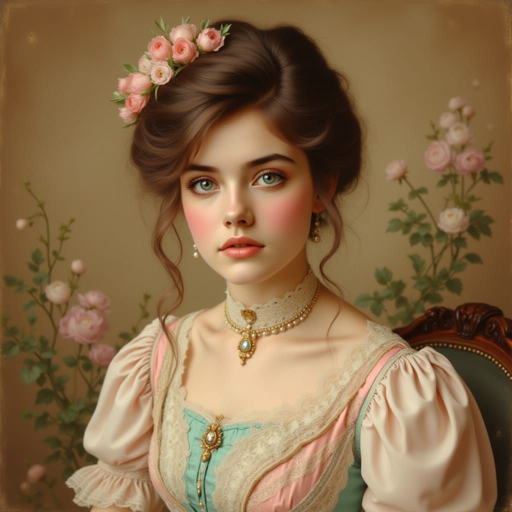 <lora:kak-VictorianMaiden:1.0>A gorgeous portrait of a Victorian Gibson woman with Edwardian, Victorian Gibson clothing, colorized vintage p...