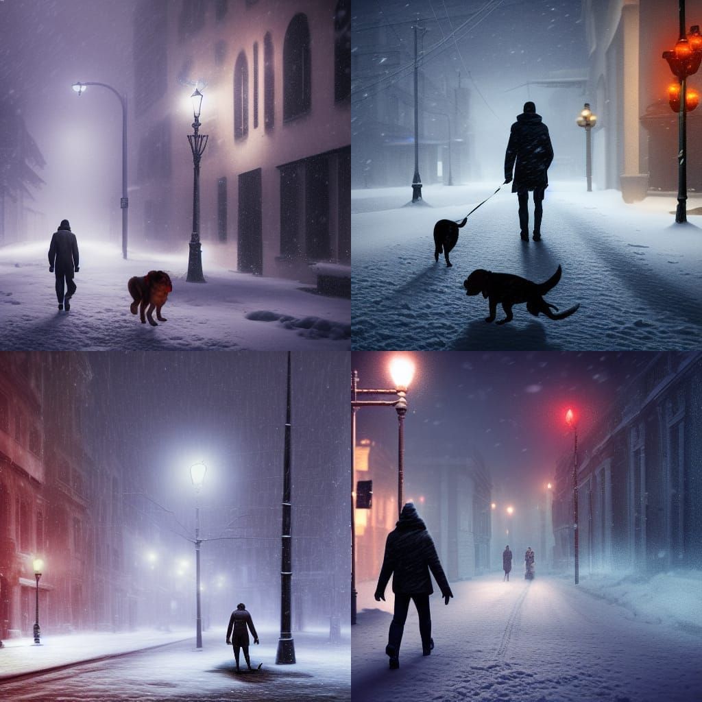 Man walking down street with dog at night during snowstorm