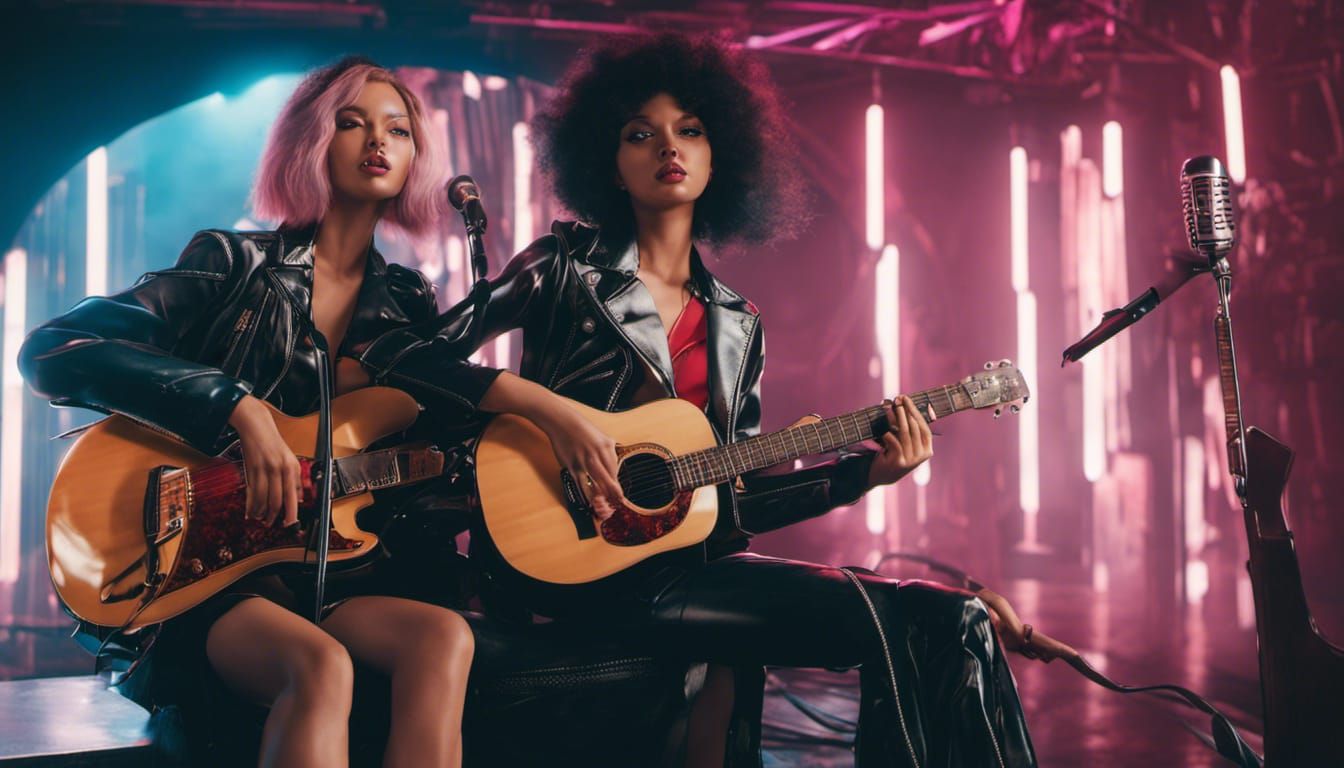 girls with guitars and microphones photorealism retrofuturism polaroid Unreal Engine 5 sharp focus
