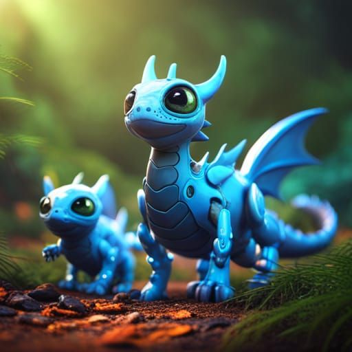 cute big eyed tiny blue dragon and its  babies