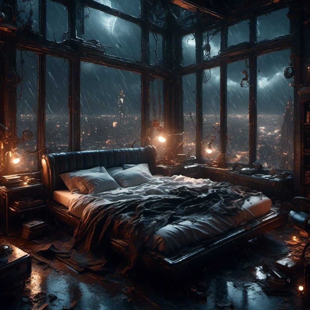 Steampunk Bedroom Overlooking Cyberpunk Cityscape