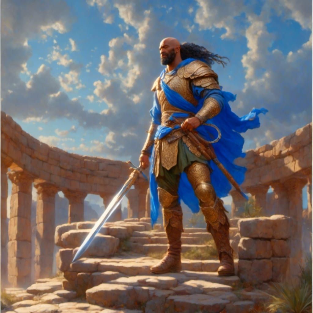a warrior with a bald head and a long black ponytail on the ...