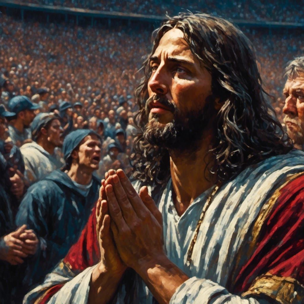 close up of Jesus Christ praying at a football game to determine the winner<lora:EffenMetalXL:1.0> 
