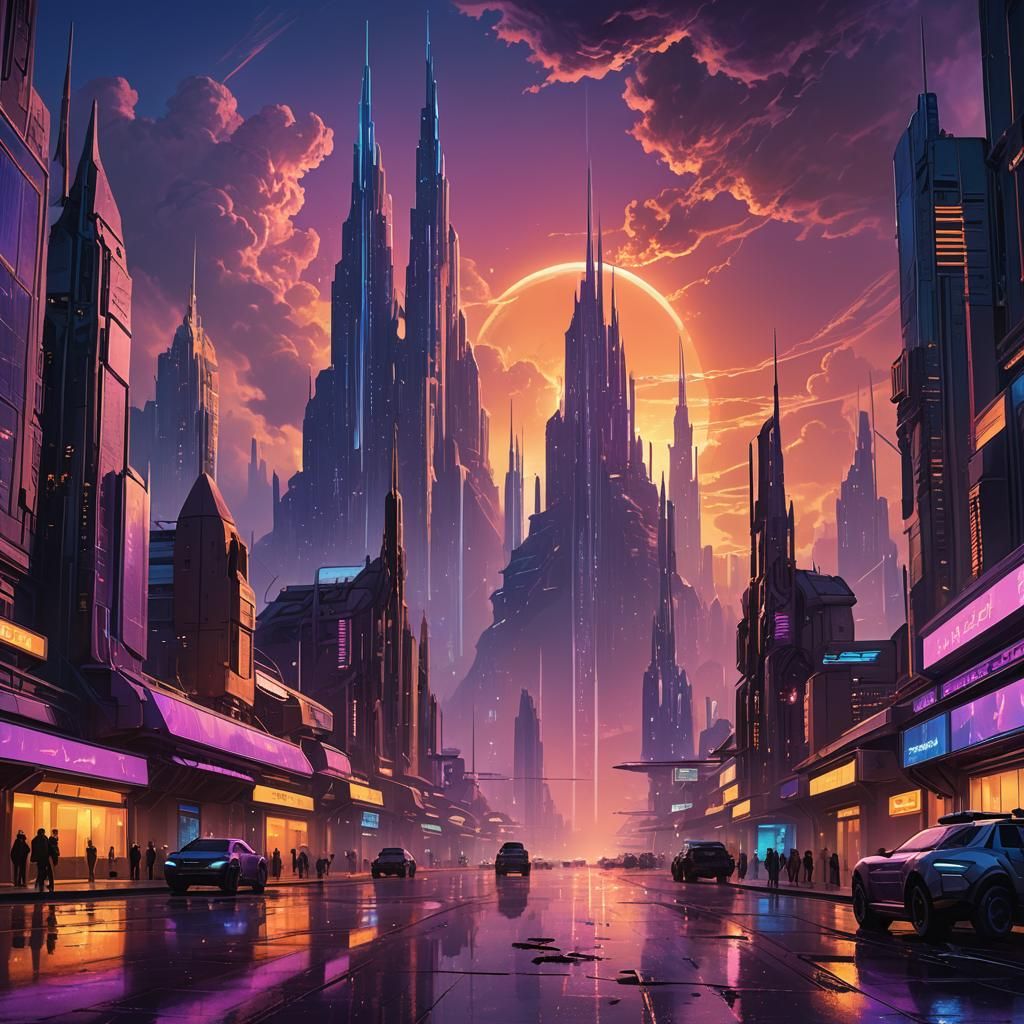 Futuristic Cityscape on Alien Planet at Sunset