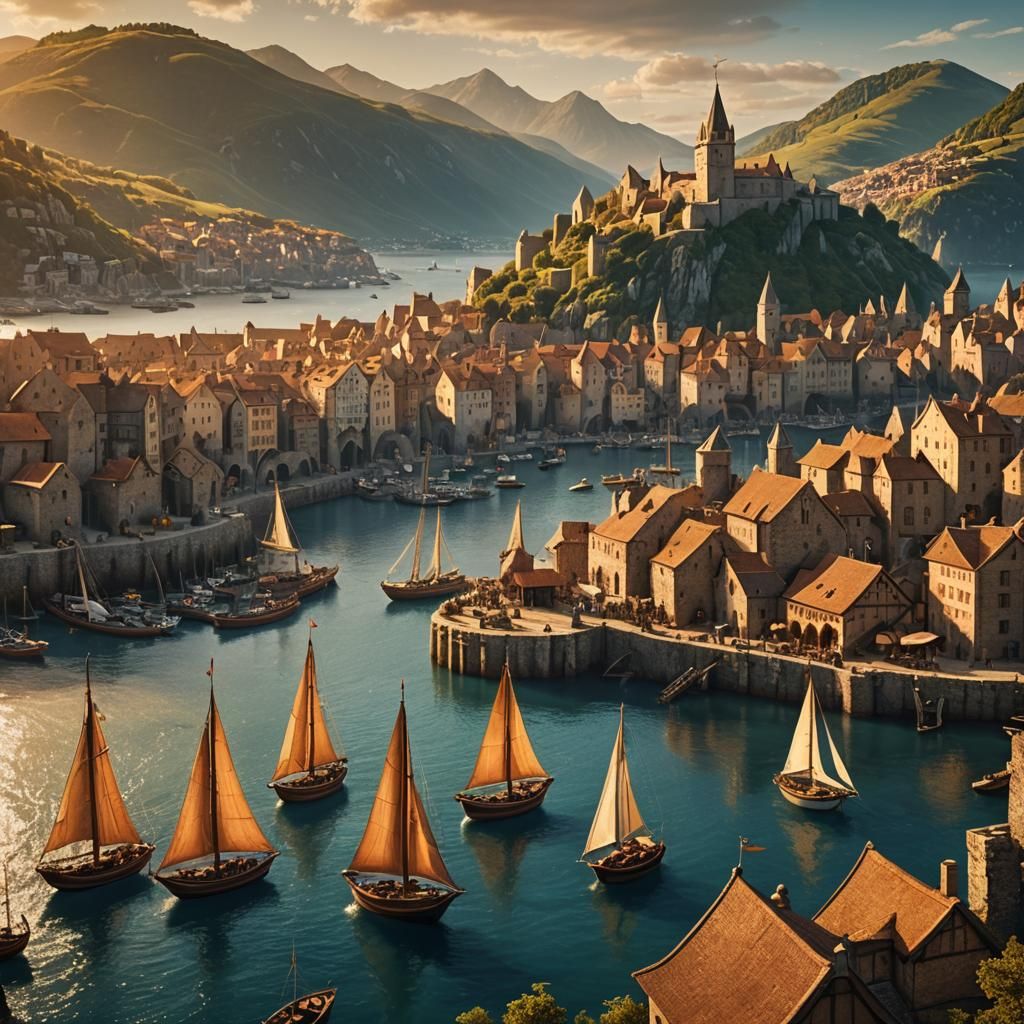 high fantasy epic historically accurate medieval coastal human capital city, blue banners, epic docks, epic defensive walls, scenic central...