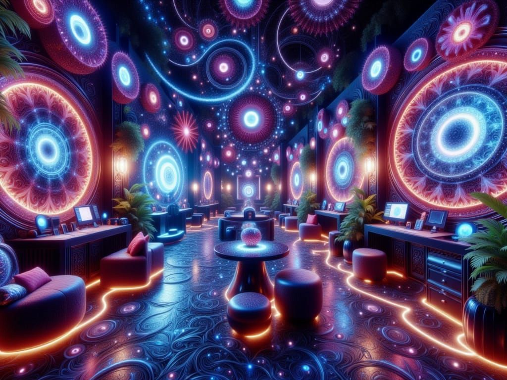 Dark Fantasy Futuristic Studio in Vibrant Psychedelic Light