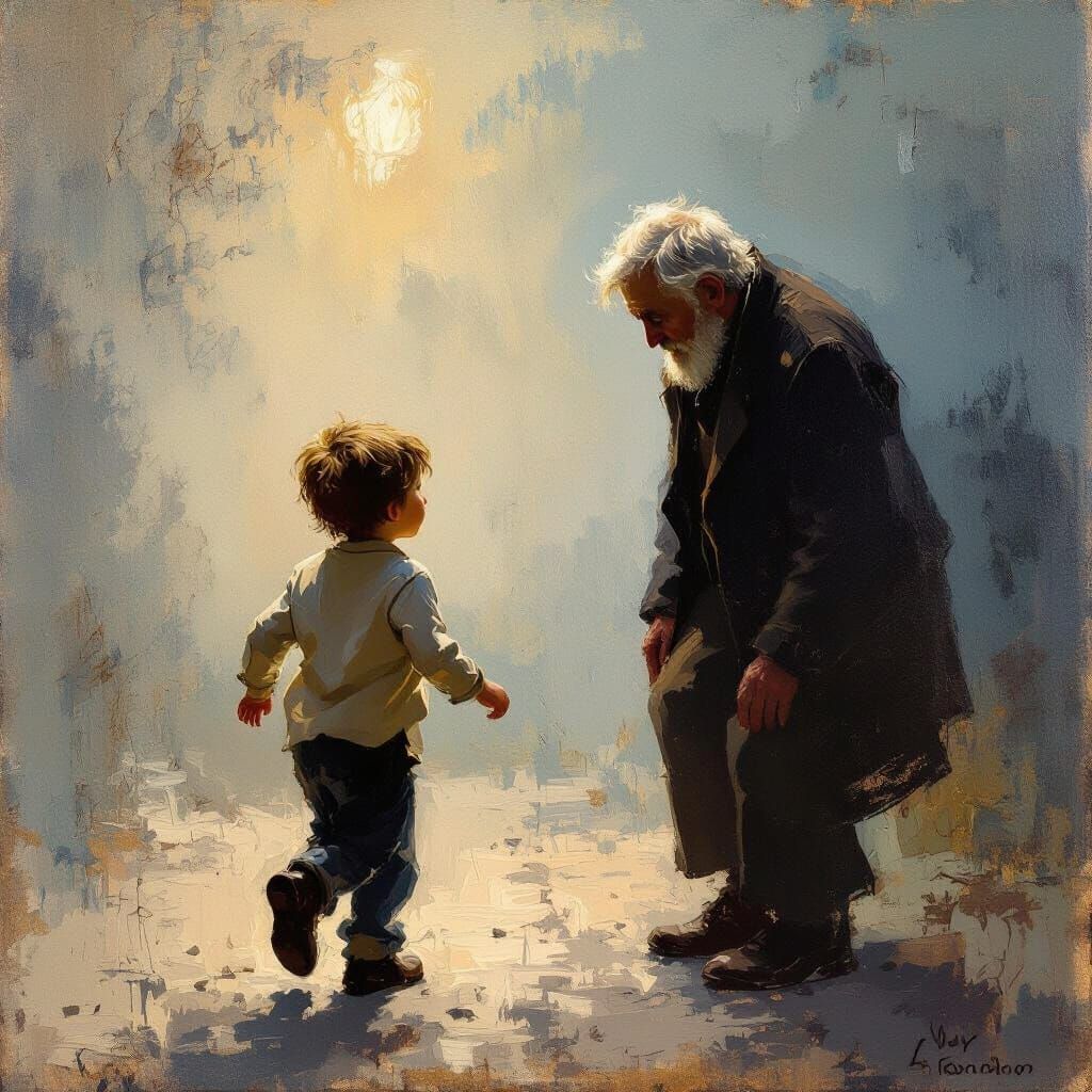Child Comforts Sad Old Man in Impressionistic Painting