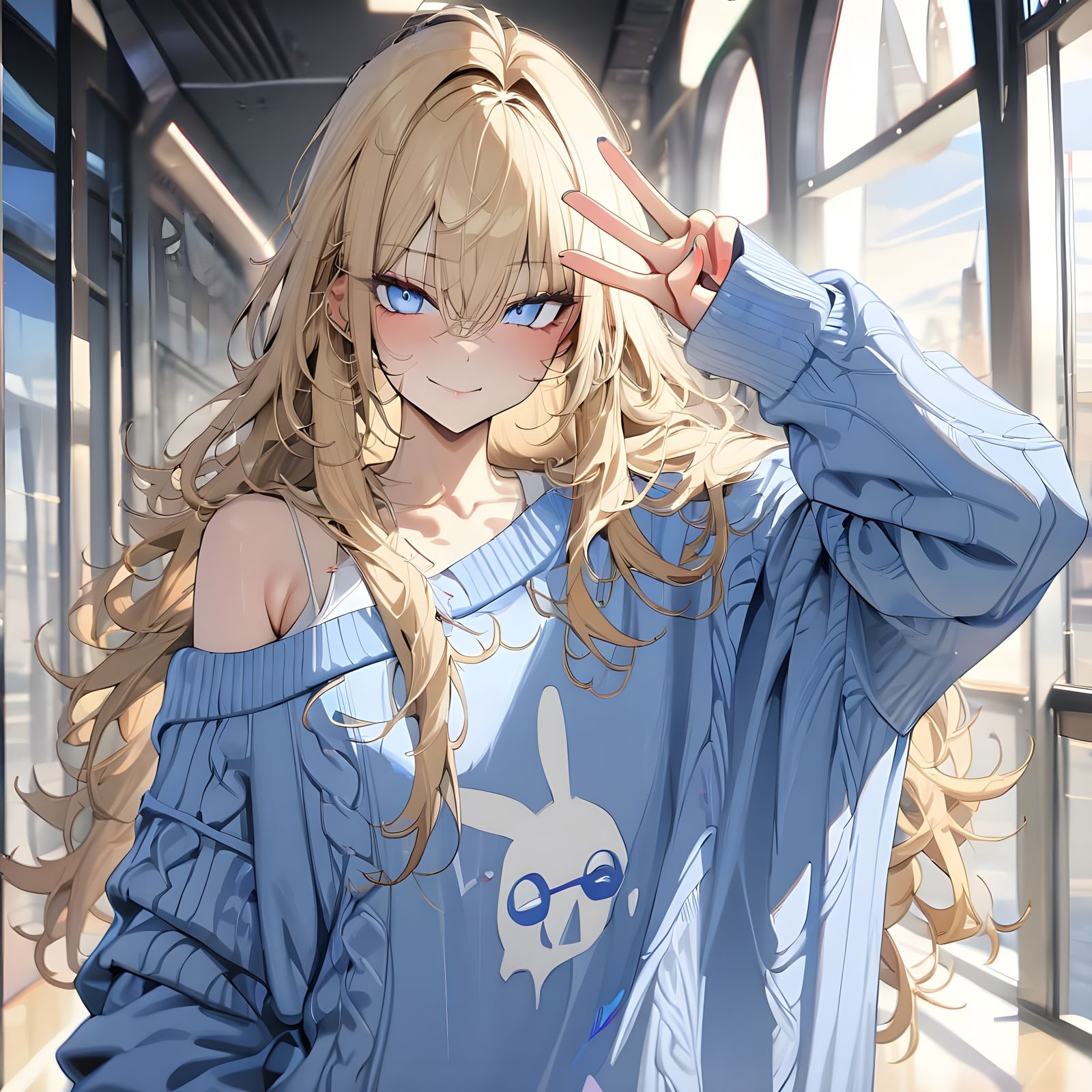 Blonde Woman with Blue Eyes Giving Peace Sign