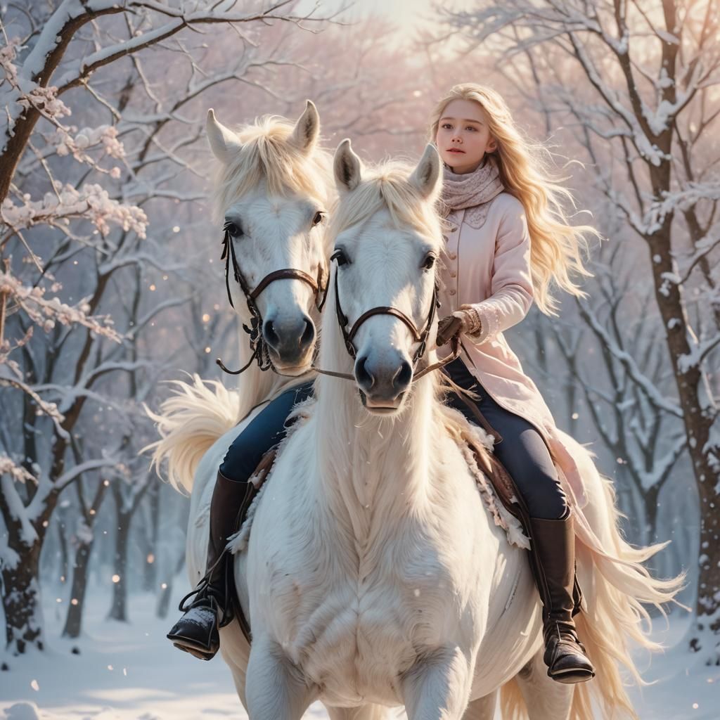 Baby on White Horse in Snowy Fantasy Landscape