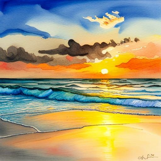 Watercolor of a sunrise on a magnificent Aruba beach hyperde...