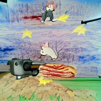 maus shooting at turkey and bacon anime surrealism