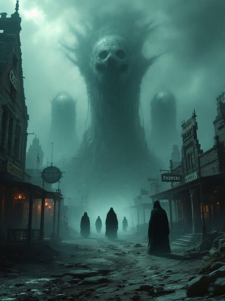A haunting scene set in a Lovecraftian Wild West, capturing ...