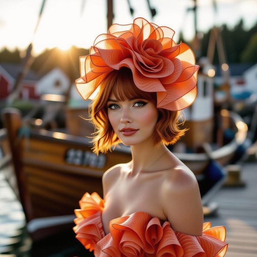Photo portrait of a fisher girl in a harbour wearing an expressive fascinator hat made of slices of salmon, no. 2