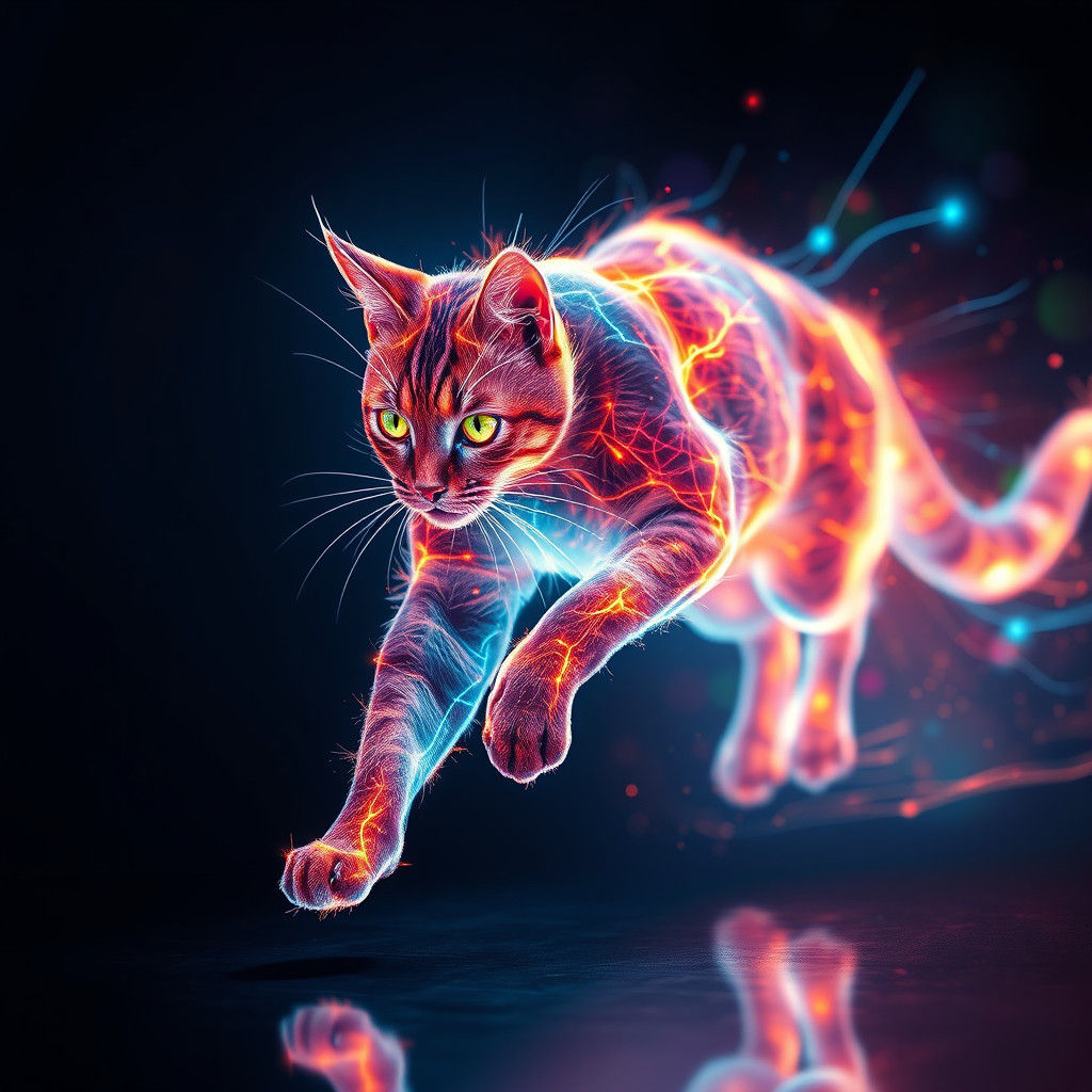 A glowing cat running formed from beams of light, leaving trails as it moves.  by @Thyke