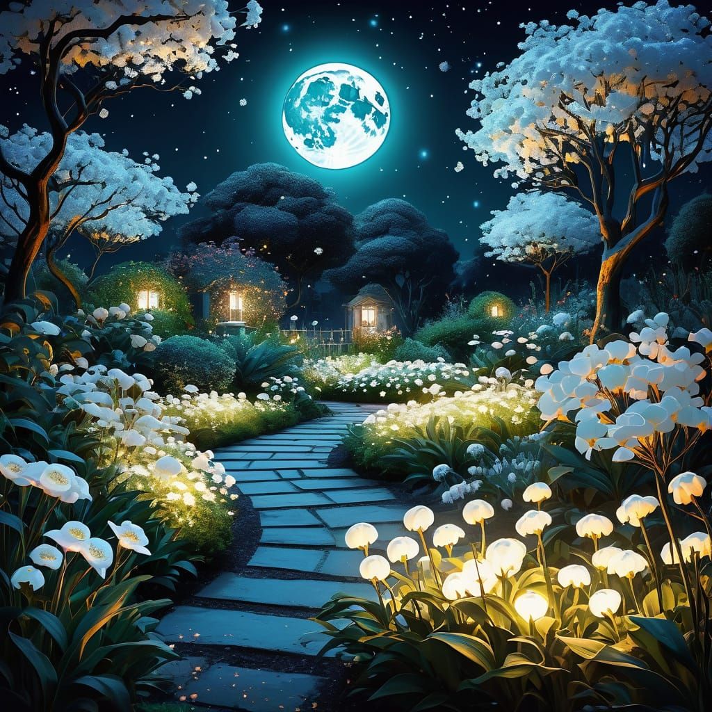 Full moon night glowing over a garden  by @SteamFrunk