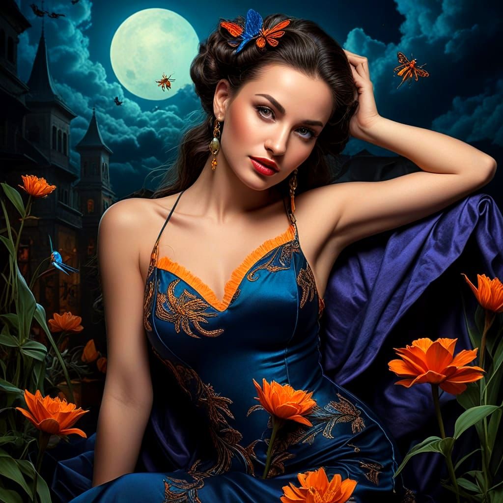 Surrealistic Portrait of a Glamorous Lady in a Fantastical S...