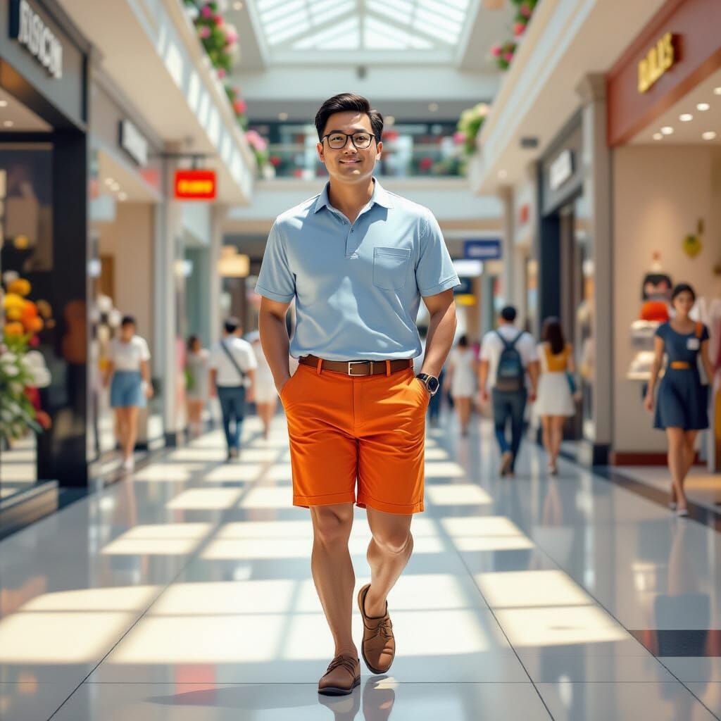 Chinese Man Strolls Through Shopping Mall in Digital Paintin...