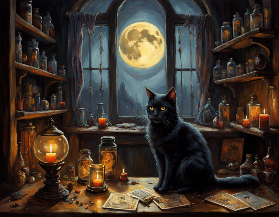 A dimly lit witch’s room, filled with arcane artifacts and mystical energy. The wooden walls are lined ...  by @CavDad 