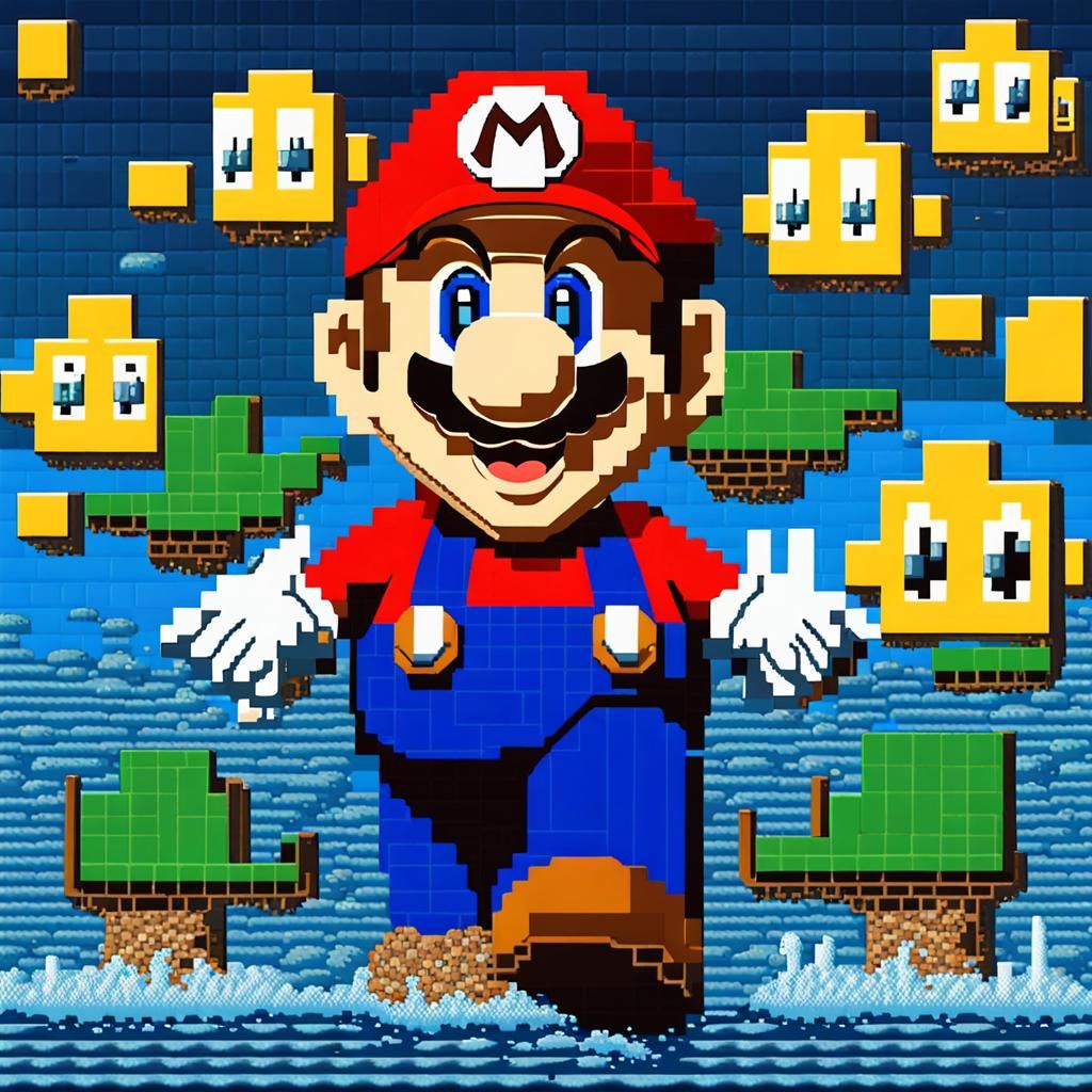 super mario with cheep cheeps bloopers in underwater water level mosaic ...
