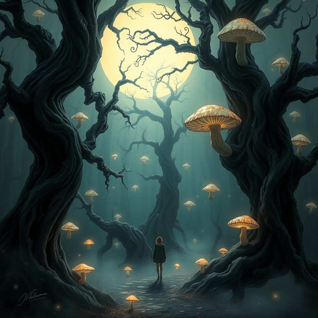 Misty Moonlit Forest Dreamscape in Whimsical Fantasy Style