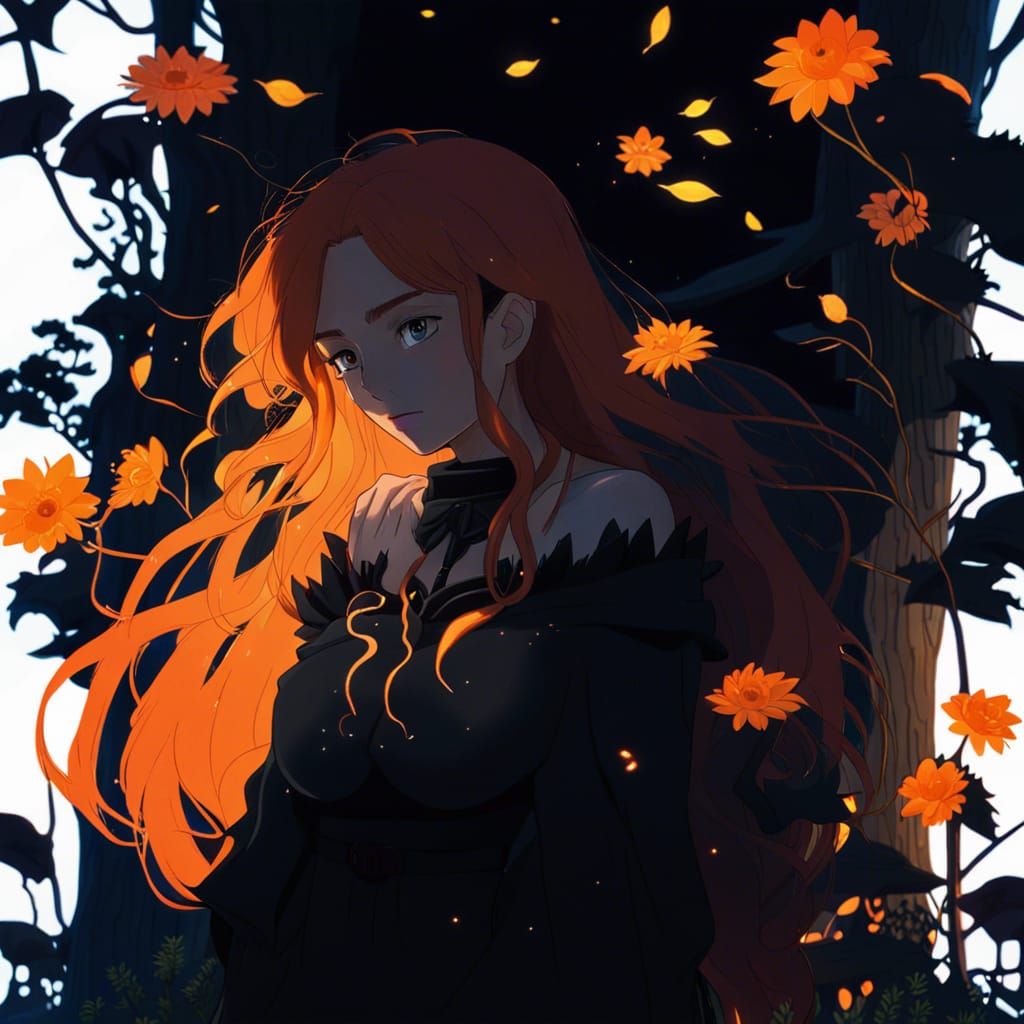 serious woman long bright orange hair fantasy saint with lar...
