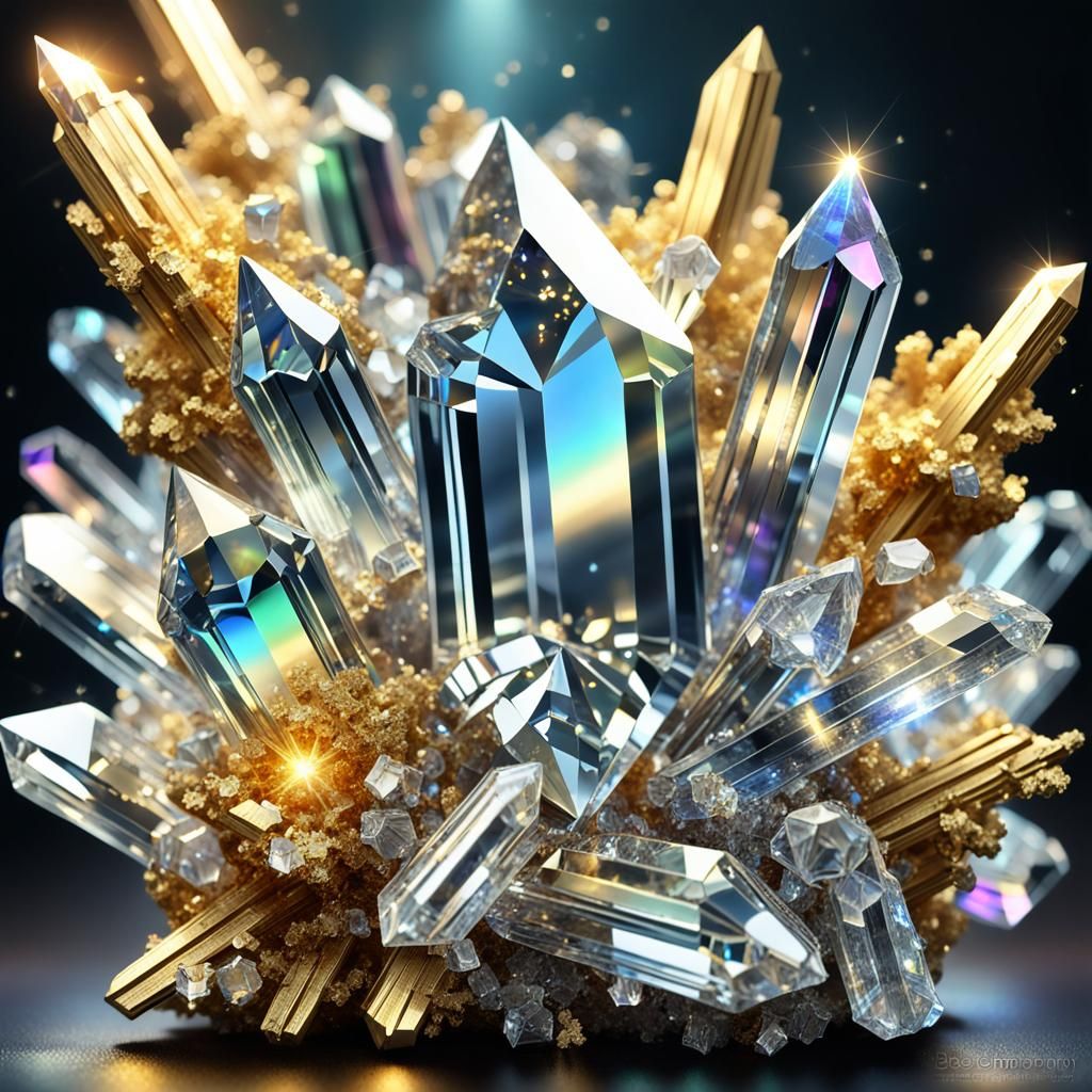 (Long crystals of rock crystal with reflection of light on g...