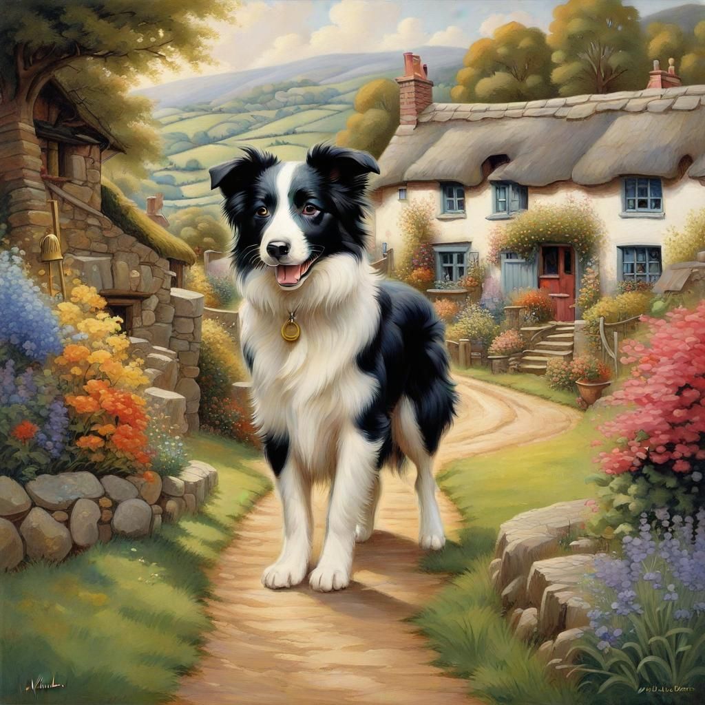 Border Collie  old English thatched cottage (countryside)