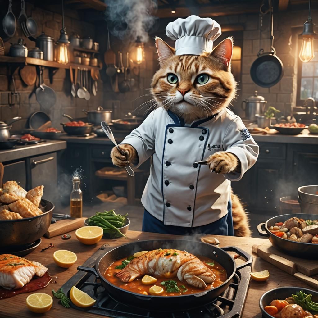 Chef cat cooking on skillet fish dinner   by @Christian 