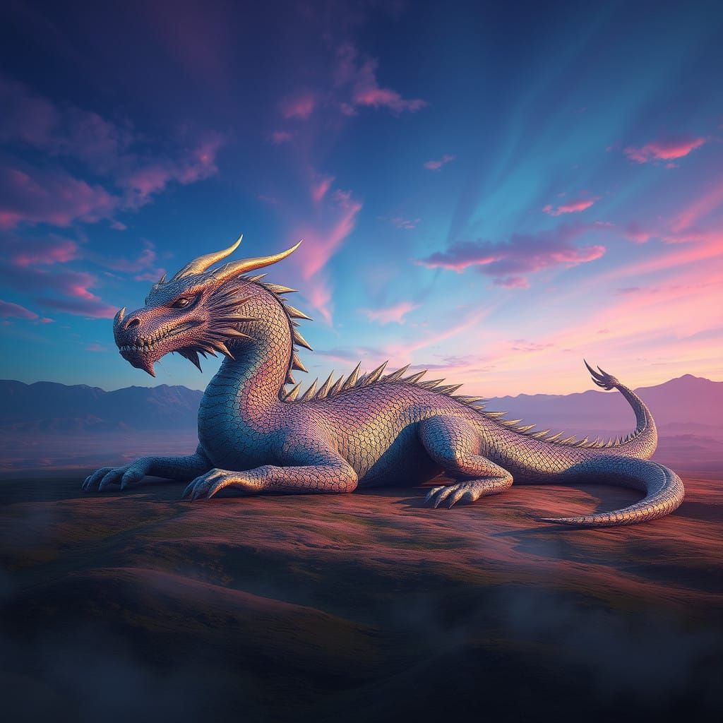 Mythical Dragon Unfolds Across Vibrant, Ombre Sky