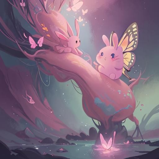 a pink bunny with a butterfly on her nose