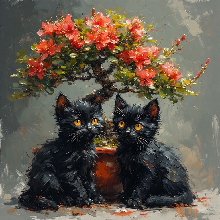 Black kittens with bonsai