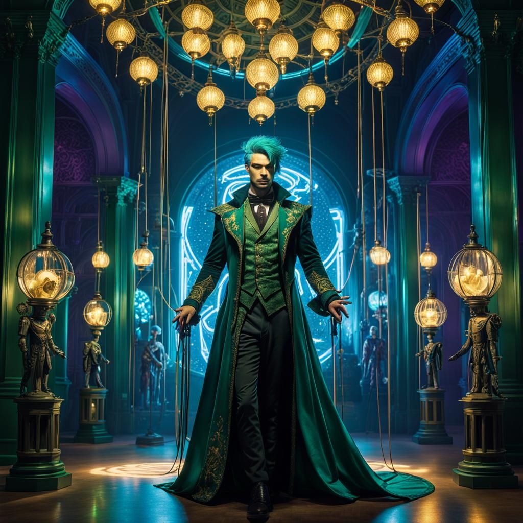 A handsome young man in a lavish green gown, with blue hair shimmering