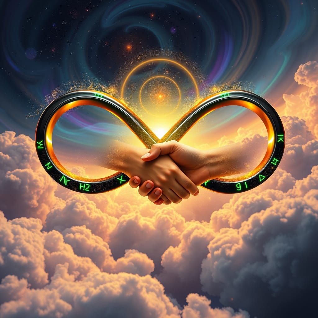 Cosmic Unity in Polished Iron Infinity Sign with G... - AI Art