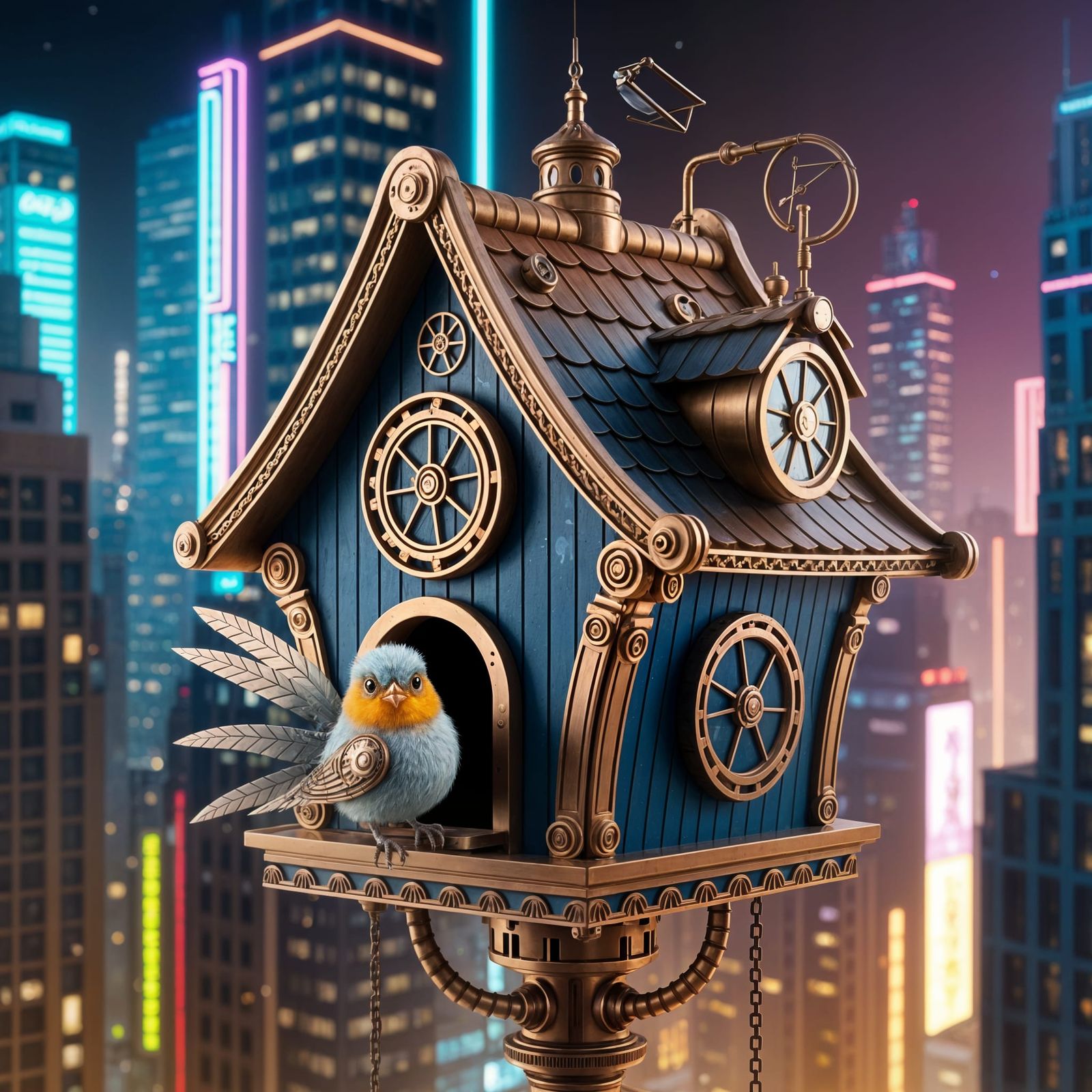 Steampunk Birdhouse Topping Neon Skyscraper with Cyborg Cana...
