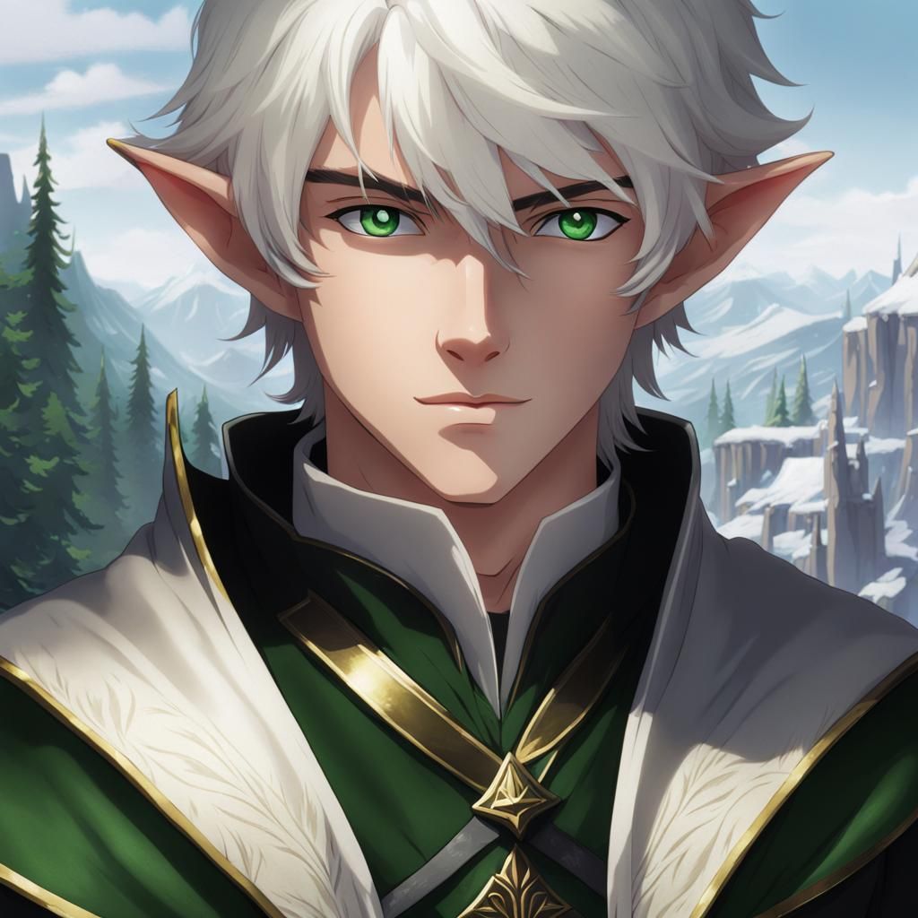 An animated 16-year-old male elf, with short white hair and ...