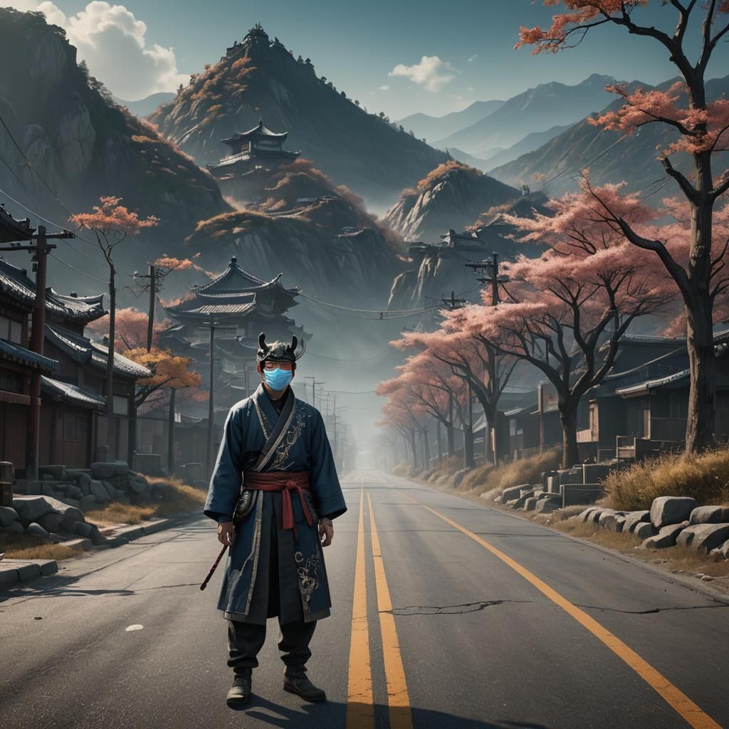 a korean man in a mask standing on a lonely road, front view