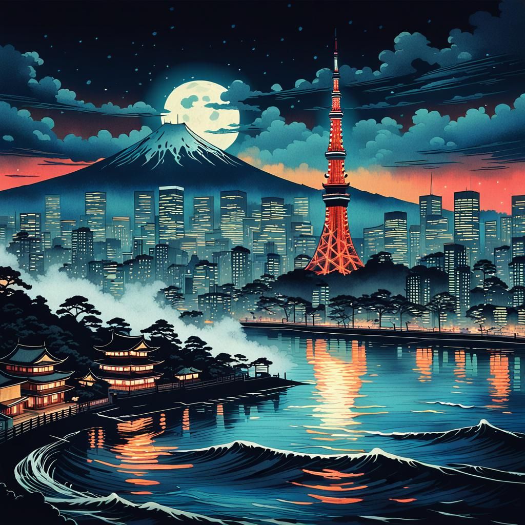 Tokyo Skyline Ukiyo-e Art Style