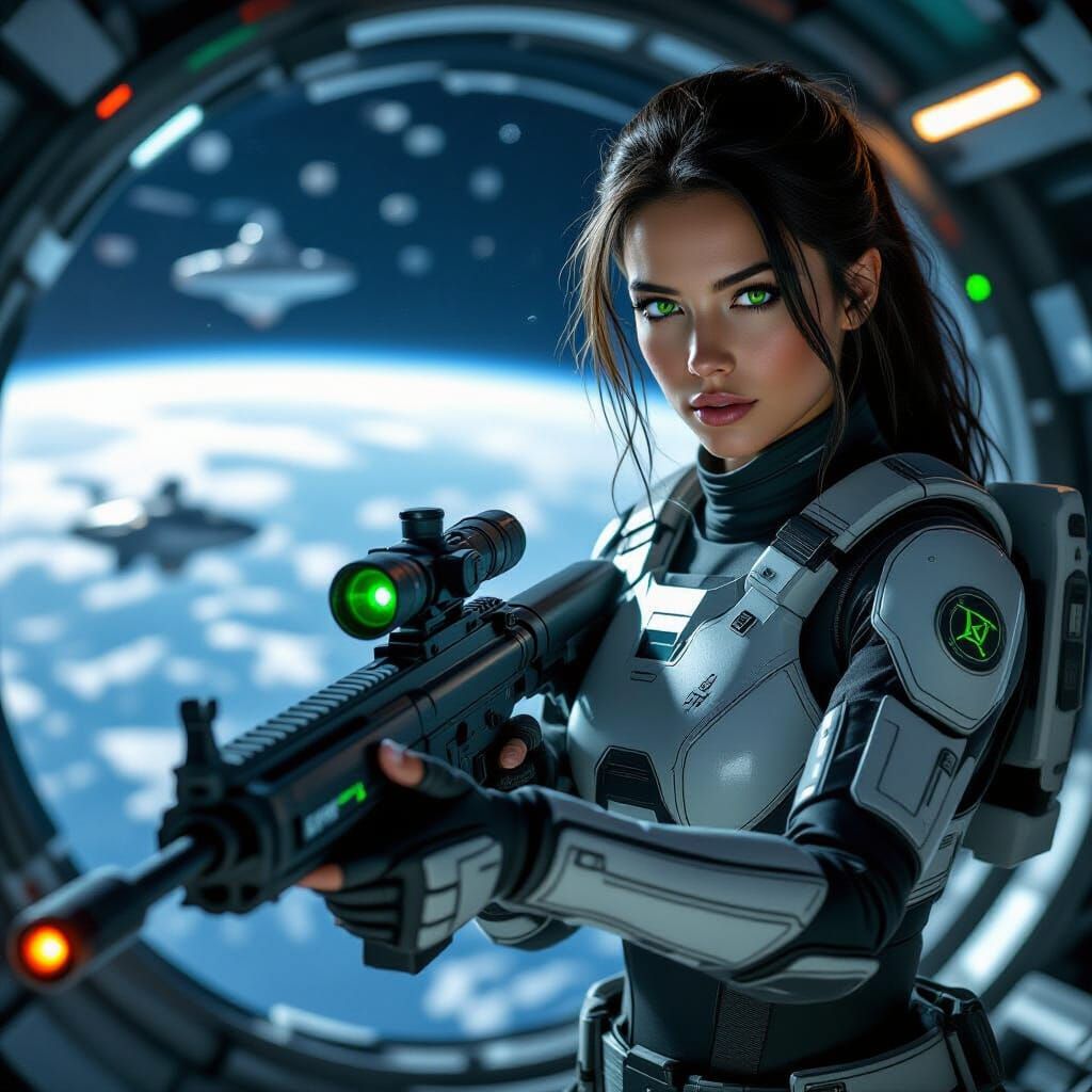 a photorealistic image of a beautiful young woman who lives on a space station, full body image, action scene, she holds a plasma rifle, she...