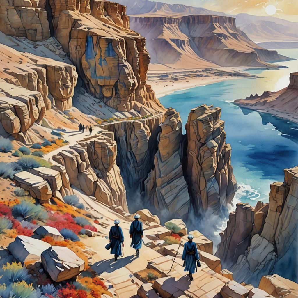 Orthodox Men Walking Desert Paths: Watercolor-Gouache Art