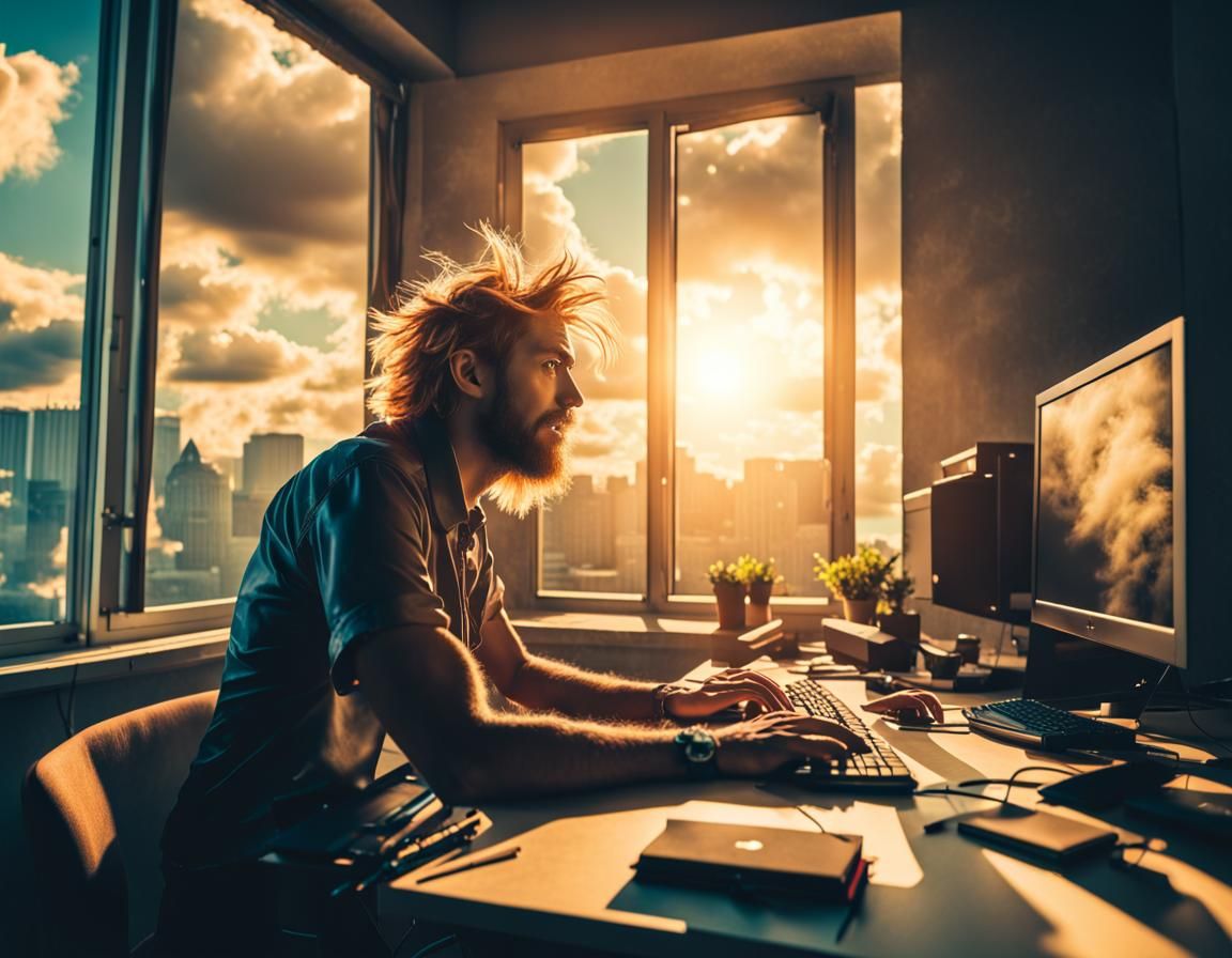 ragged dude casting miracles behind his computer desk aiming...