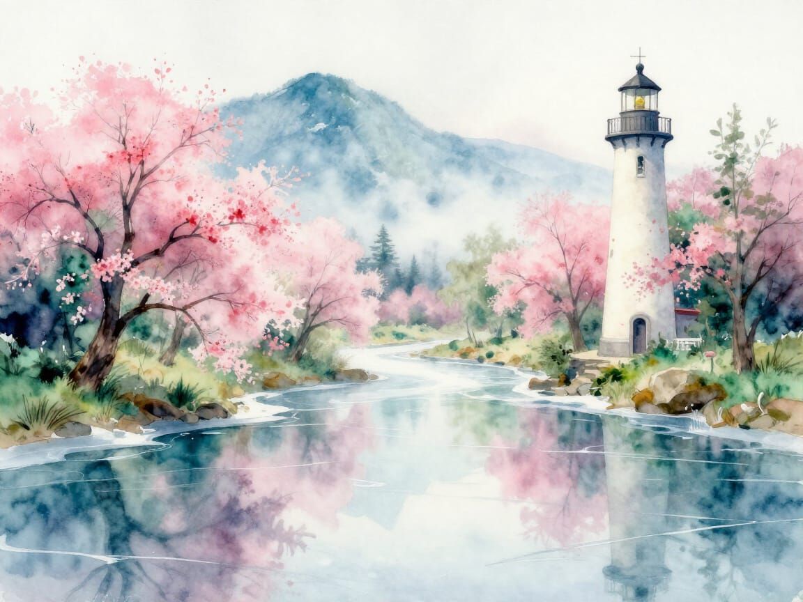 Dreamy Lighthouse Seascape with Blooming Trees